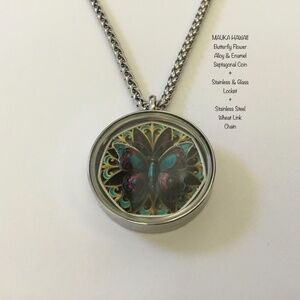 Butterfly Flower Enamel Alloy Coin + Glass & Stainless Locket + Custom Chain